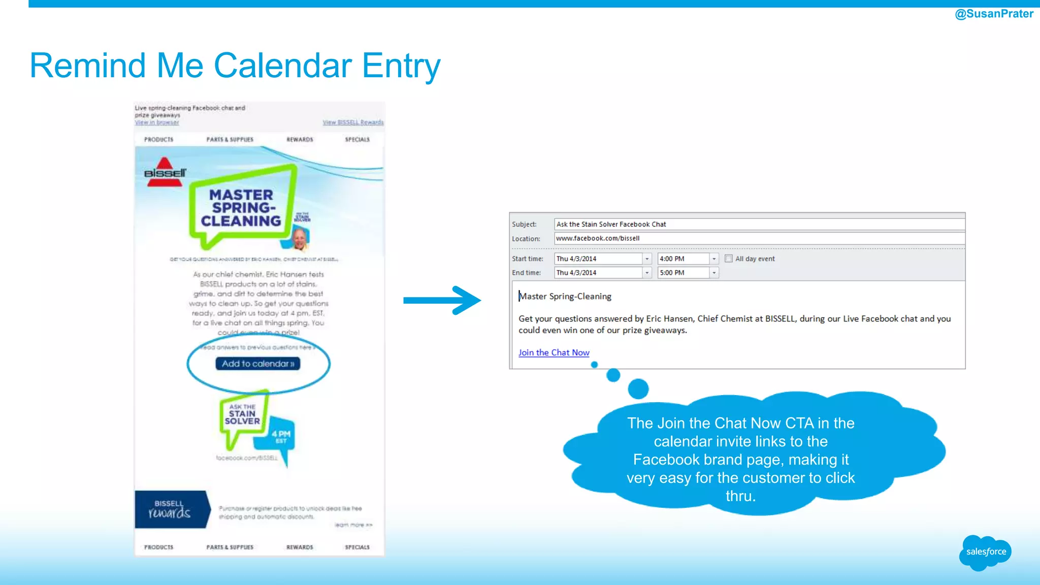 Remind Me Calendar Entry
The Join the Chat Now CTA in the
calendar invite links to the
Facebook brand page, making it
very easy for the customer to click
thru.
@SusanPrater
 