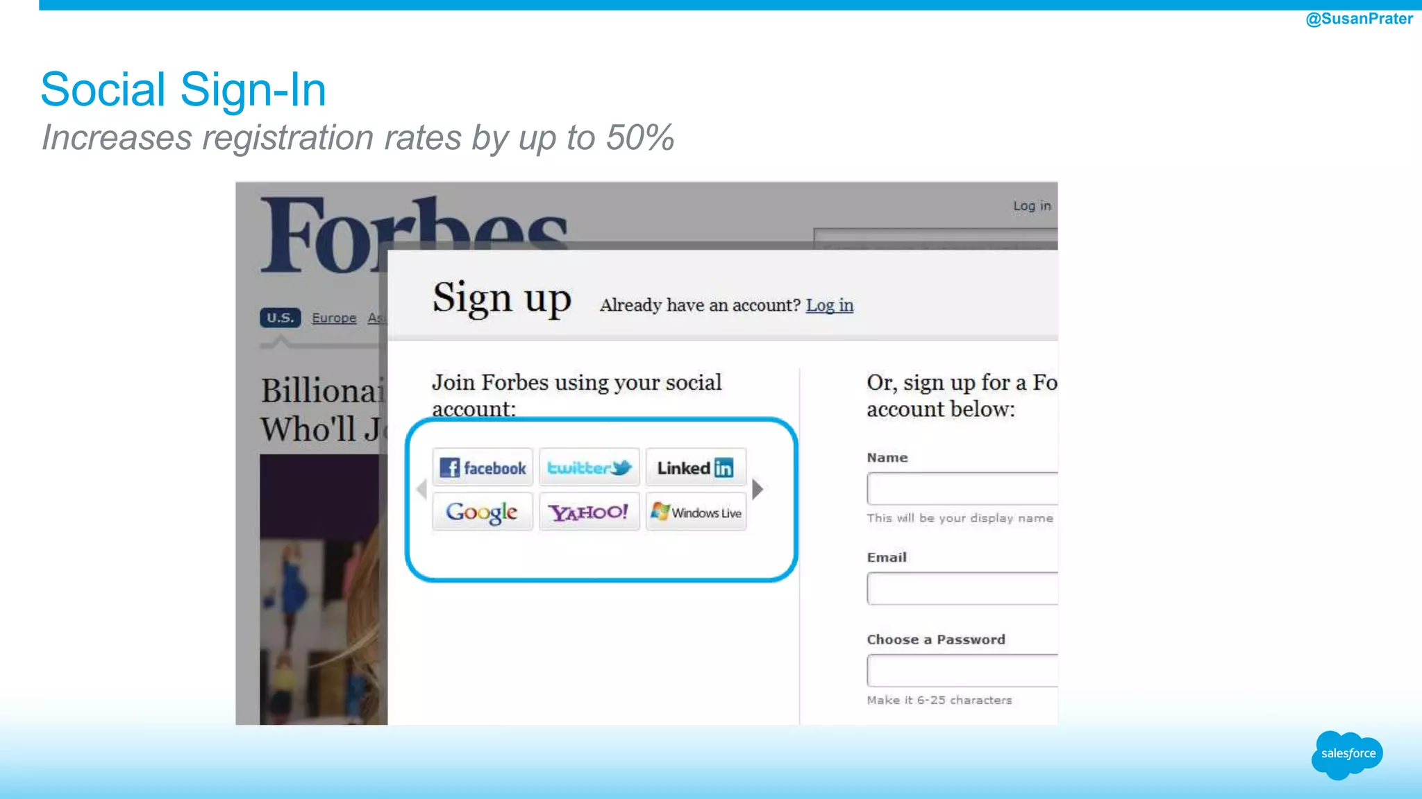 Increases registration rates by up to 50%
Social Sign-In
@SusanPrater
 