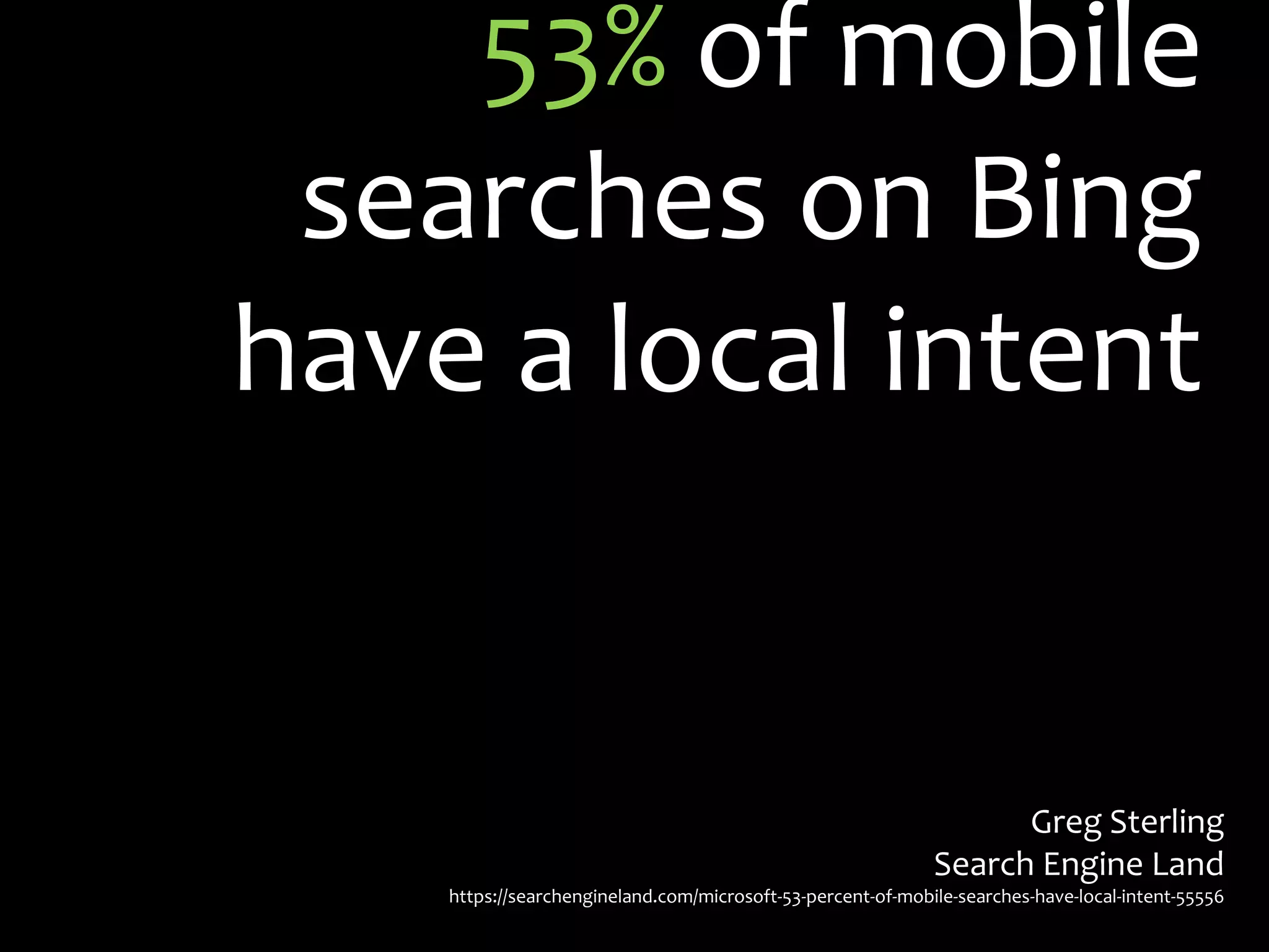 53% of mobile searches on Bing have a local intentGreg SterlingSearch Engine Landhttps://searchengineland.com/microsoft-53-percent-of-mobile-searches-have-local-intent-55556