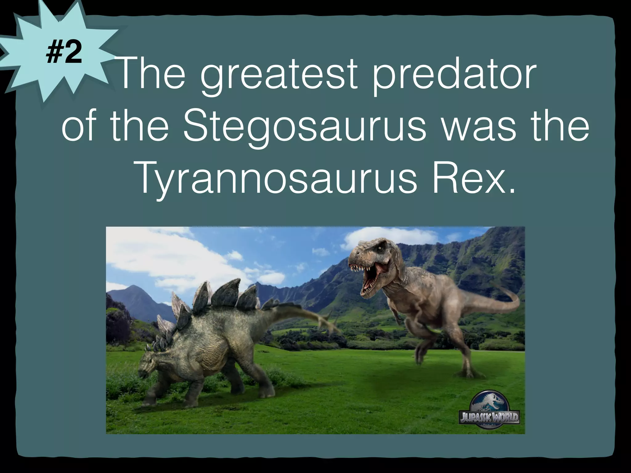 #2
The greatest predator
of the Stegosaurus was the
Tyrannosaurus Rex.
 