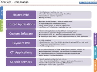 products

intro

Services – compilation

Hosted IVRS
Hosted Applications

•No infrastructure hassles at your end
•You define the requirement, we design the call flow
•Consultation on customer experience
•Prompt recording
•Secure & reliable hosting of CommTRACK applications
•Complete ownership of application uptime
•Single point of contact for telco, ISP & application
•No IT team or IT Infrastructure required at your end

Payment IVR

•PCI DSS compliant
•Complete service from PG to IVR. We can integrate with any PG from your bank
•Process based customisations can be done
•Flexible pricing models

contact

Speech Services

•Speech applications integrated with Asterisk
•Stand-alone speech applications – key word spotters, confidence scores
•Grammar development & fine tuning ASR applications
•Building TTS enabled IVR or applications

trivia

CTI Applications

•Cross platform adapters for OEMs like Avaya, Cisco, Siemens, Genesys, etc
•Reporting engines, voice loggers, IVR applications for varied platforms
•CTI popup applications, CTI toolbar integrated with enterprise CRM
•Single window CTI + CRM applications

services

Custom Software

•Custom built applications developed for any business process
•Consultation on application design, user experience & scope
•Technologies – Java, .NET, Web services based applications or portals
•Conversion of legacy (VB, QT, Foxpro) applications into SOAP based applications.

 