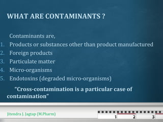 WHAT ARE CONTAMINANTS ?
Contaminants are,
1. Products or substances other than product manufactured
2. Foreign products
3. Particulate matter
4. Micro-organisms
5. Endotoxins (degraded micro-organisms)
“Cross-contamination is a particular case of
contamination”
Jitendra J. Jagtap (M.Pharm)
 