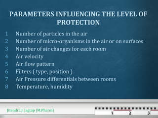 1 Number of particles in the air
2 Number of micro-organisms in the air or on surfaces
3 Number of air changes for each room
4 Air velocity
5 Air flow pattern
6 Filters ( type, position )
7 Air Pressure differentials between rooms
8 Temperature, humidity
PARAMETERS INFLUENCING THE LEVEL OF
PROTECTION
Jitendra J. Jagtap (M.Pharm)
 