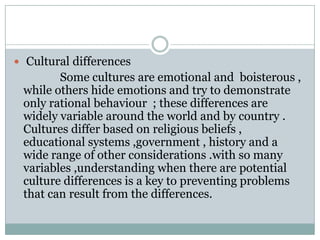  Cultural differences
Some cultures are emotional and boisterous ,
while others hide emotions and try to demonstrate
only rational behaviour ; these differences are
widely variable around the world and by country .
Cultures differ based on religious beliefs ,
educational systems ,government , history and a
wide range of other considerations .with so many
variables ,understanding when there are potential
culture differences is a key to preventing problems
that can result from the differences.
 
