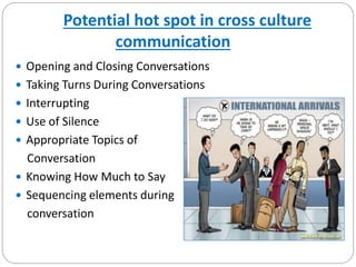 Potential hot spot in cross culture
communication
 Opening and Closing Conversations
 Taking Turns During Conversations
 Interrupting
 Use of Silence
 Appropriate Topics of
Conversation
 Knowing How Much to Say
 Sequencing elements during
conversation
 