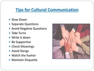 Tips for Cultural Communication
 Slow Down
 Separate Questions
 Avoid Negative Questions
 Take Turns
 Write it down
 Be Supportive
 Check Meanings
 Avoid Slangs
 Watch the humor
 Maintain Etiquette
 