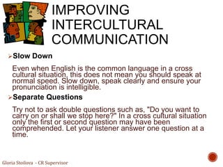 IMPROVING
INTERCULTURAL
COMMUNICATION
Slow Down
Even when English is the common language in a cross
cultural situation, t...