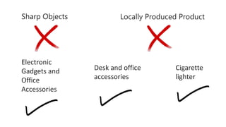 Sharp Objects Locally Produced Product
Desk and office
accessories
Cigarette
lighter
Electronic
Gadgets and
Office
Accessories
 