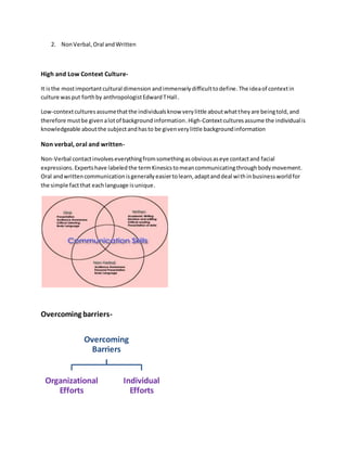 2. Non Verbal, Oral and Written 
High and Low Context Culture- 
It is the most important cultural dimension and immensely difficult to define. The idea of context in 
culture was put forth by anthropologist Edward T Hall . 
Low-context cultures assume that the individuals know very little about what they are being told, and 
therefore must be given a lot of background information. High-Context cultures assume the individual is 
knowledgeable about the subject and has to be given very little background information 
Non verbal, oral and written- 
Non-Verbal contact involves everything from something as obvious as eye contact and facial 
expressions. Experts have labeled the term Kinesics to mean communicating through body movement. 
Oral and written communication is generally easier to learn, adapt and deal wi th in business world for 
the simple fact that each language is unique. 
Overcoming barriers- 
Overcoming 
Barriers 
Organizational 
Efforts 
Individual 
Efforts 
 
