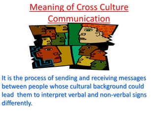 Meaning of Cross Culture
Communication

It is the process of sending and receiving messages
between people whose cultural background could
lead them to interpret verbal and non-verbal signs
differently.

 
