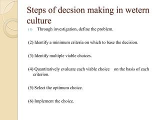 Steps of decsion making in wetern
culture
(1)   Through investigation, define the problem.

(2) Identify a minimum criteria on which to base the decision.

(3) Identify multiple viable choices.

(4) Quantitatively evaluate each viable choice on the basis of each
   criterion.

(5) Select the optimum choice.

(6) Implement the choice.
 