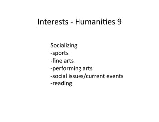 Interests	
  -­‐	
  HumaniBes	
  9	
  

     Socializing	
  
     -­‐sports	
  
     -­‐ﬁne	
  arts	
  
     -­‐performing	
  arts	
  
     -­‐social	
  issues/current	
  events	
  
     -­‐reading	
  
 