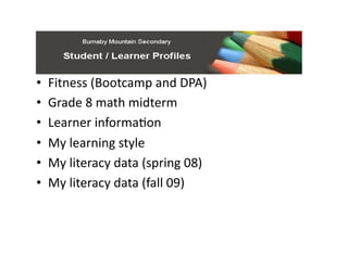 •    Fitness	
  (Bootcamp	
  and	
  DPA)	
  
•    Grade	
  8	
  math	
  midterm	
  
•    Learner	
  informaBon	
  
•    My	
  learning	
  style	
  
•    My	
  literacy	
  data	
  (spring	
  08)	
  
•    My	
  literacy	
  data	
  (fall	
  09)	
  
 
