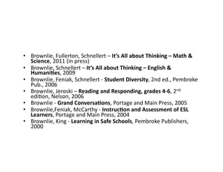 •  Brownlie,	
  Fullerton,	
  Schnellert	
  –	
  It’s	
  All	
  about	
  Thinking	
  –	
  Math	
  &	
  
   Science,	
  2011	
  (in	
  press)	
  
•  Brownlie,	
  Schnellert	
  –	
  It’s	
  All	
  about	
  Thinking	
  –	
  English	
  &	
  
   HumaniKes,	
  2009	
  
•  Brownlie,	
  Feniak,	
  Schnellert	
  -­‐	
  Student	
  Diversity,	
  2nd	
  ed.,	
  Pembroke	
  
   Pub.,	
  2006	
  
•  Brownlie,	
  Jeroski	
  –	
  Reading	
  and	
  Responding,	
  grades	
  4-­‐6,	
  2nd	
  
   ediBon,	
  Nelson,	
  2006	
  
•  Brownlie	
  -­‐	
  Grand	
  ConversaKons,	
  Portage	
  and	
  Main	
  Press,	
  2005	
  
•  Brownlie,Feniak,	
  McCarthy	
  -­‐	
  InstrucKon	
  and	
  Assessment	
  of	
  ESL	
  
   Learners,	
  Portage	
  and	
  Main	
  Press,	
  2004	
  
•  Brownlie,	
  King	
  -­‐	
  Learning	
  in	
  Safe	
  Schools,	
  Pembroke	
  Publishers,	
  
   2000	
  
 