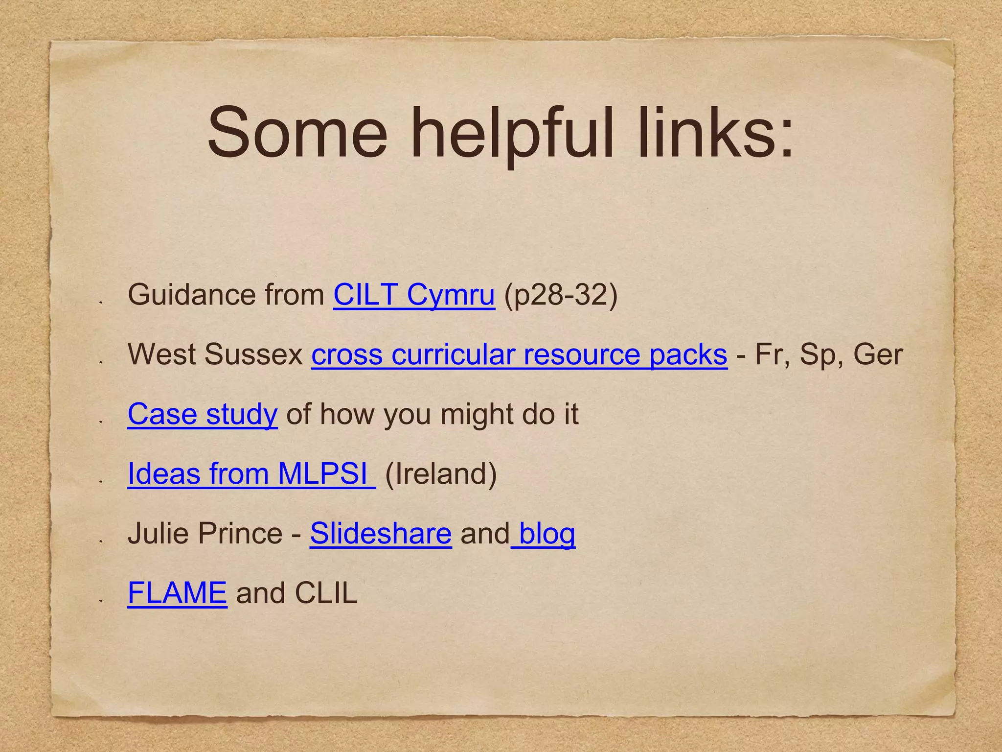 Some helpful links:
Guidance from CILT Cymru (p28-32)
West Sussex cross curricular resource packs - Fr, Sp, Ger
Case study of how you might do it
Ideas from MLPSI (Ireland)
Julie Prince - Slideshare and blog
FLAME and CLIL
 