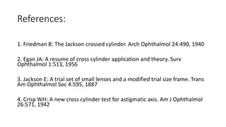 References:
1. Friedman B: The Jackson crossed cylinder. Arch Ophthalmol 24:490, 1940
2. Egan JA: A resume of cross cylinder application and theory. Surv
Ophthalmol 1:513, 1956
3. Jackson E: A trial set of small lenses and a modified trial size frame. Trans
Am Ophthalmol Soc 4:595, 1887
4. Crisp WH: A new cross cylinder test for astigmatic axis. Am J Ophthalmol
26:571, 1942
 