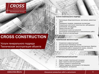 Взаимное развитие идей и капитала 6
CROSS CONSTRUCTION
Услуги генерального подряда
Техническая эксплуатация объекта
УСЛУГИ ГЕНЕРАЛЬНОГО ПОДРЯДА
 Организация общестроительных, монтажных, ремонтных
работ;
 Проведение тендеров, управление контрактами;
 Координация участников строительства, субподрядных
организаций, поставщиков;
 Надзор качества СМР;
 Оптимизация проектных решений;
 Организация пусконаладочных и испытательных работ;
 Ввод объекта в эксплуатацию
СТРОИТЕЛЬНЫЙ КОНСАЛТИНГ
 Аудит условий строительной площадки;
 Аудит проектно-сметной документации;
 Оценка стоимости строительства;
 Подбор подрядных организаций и поставщиков
оборудования, материалов
ТЕХНИЧЕСКАЯ ЭКСПЛУАТАЦИЯ
 Управление инфраструктурой;
 Эксплуатация инженерных систем;
 Сопровождение ввода объектов в эксплуатацию (StartUp);
 Организация работы предприятий охраны, клининга;
 Контроль эксплуатационных расходов
www.cross-dev.ru
 