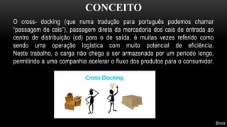 CONCEITO 
O cross- docking (que numa tradução para português podemos chamar 
“passagem de cais”), passagem direta da mercadoria dos cais de entrada ao 
centro de distribuição (cd) para o de saída, é muitas vezes referido como 
sendo uma operação logística com muito potencial de eficiência. 
Neste trabalho, a carga não chega a ser armazenada por um período longo, 
permitindo a uma companhia acelerar o fluxo dos produtos para o consumidor. 
Bruna 
 