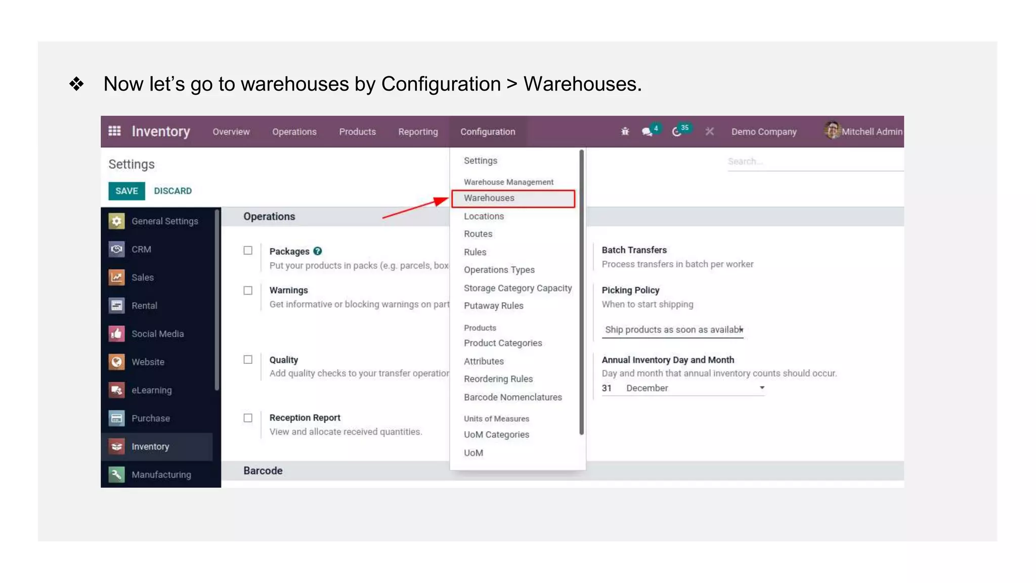 ❖ Now let’s go to warehouses by Configuration > Warehouses.
 