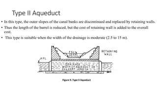 Type II Aqueduct
• In this type, the outer slopes of the canal banks are discontinued and replaced by retaining walls.
• Thus the length of the barrel is reduced, but the cost of retaining wall is added to the overall
cost.
• This type is suitable when the width of the drainage is moderate (2.5 to 15 m).
 