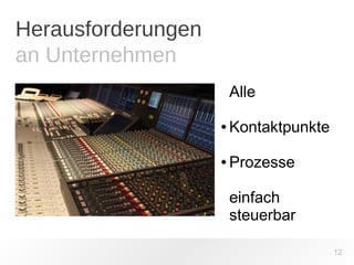 Herausforderungen 
an Unternehmen 
12 
Alle 
● Kontaktpunkte 
● Prozesse 
einfach 
steuerbar 
 