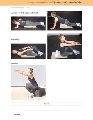 Lagartijas o pechadas apoyando las rodillas
Abdominales
Sentadillas
“Las Chicas” para Abuelas.. . . .(continúa)
Programación y Graduación
Ring Row
105 de 136
Copyright © CrossFit, Inc. Todos los derechos reservados. CrossFit es una marca registrada ® de CrossFit, Inc.
Guía de Entrenamiento CrossFit | Programación y Escalabilidad
 