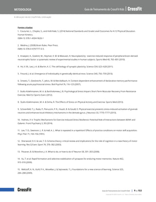 A ciência por trás do CrossFit Kids, continuação
Guia de Treinamento do CrossFit Kids
Metodologia
Copyright © 2020 CrossFit, LLC. Todos os direitos reservados.
Guia de Treinamento do CrossFit Kids | 9 de 153
Fontes citadas
1. Couturier, L., Chepko, S., and Holt/Hale, S. (2014) National Standards and Grade Level Outcomes for K-12 Physical Education.
Human Kinetics.
ISBN-13: 978-1-4504-9626-1
2. Medina, J. (2008) Brain Rules. Pear Press.
ISBN-13: 978-0-9797777-4-5
3. Knaepen, K., Goekint, M., Heyman, E. M. & Meeusen, R. Neuroplasticity - exercise-induced response of peripheral brain-derived
neurotrophic factor: a systematic review of experimental studies in human subjects. Sports Med 40, 765–801 (2010).
4. Ho, V. M., Lee, J.-A. & Martin, K. C. The cell biology of synaptic plasticity. Science 334, 623–628 (2011).
5. Freund, J. et al. Emergence of individuality in genetically identical mice. Science 340, 756–759 (2013).
6. Smeets, T., Giesbrecht, T., Jelicic, M. & Merckelbach, H. Context-dependent enhancement of declarative memory performance
following acute psychosocial stress. Biol Psychol 76, 116–123 (2007).
7. Stults-Kolehmainen, M. A. & Bartholomew, J. B. Psychological Stress Impairs Short-Term Muscular Recovery From Resistance
Exercise. Med Sci Sports Exerc (2012).
8. Stults-Kolehmainen, M. A. & Sinha, R. The Effects of Stress on Physical Activity and Exercise. Sports Med (2013).
9. Schoenfeld, T. J., Rada, P., Pieruzzini, P. R., Hsueh, B. & Gould, E. Physical exercise prevents stress-induced activation of granule
neurons and enhances local inhibitory mechanisms in the dentate gyrus. J Neurosci 33, 7770–7777 (2013).
10. Holmes, P. V. Trophic Mechanisms for Exercise-Induced Stress Resilience: Potential Role of Interactions between BDNF and
Galanin. Front Psychiatry 5, 90 (2014).
11. Lee, T. D., Swanson, L. R. & Hall, A. L. What is repeated in a repetition? Effects of practice conditions on motor skill acquisition.
Phys Ther 71, 150–156 (1991).
12. Sherwood, D. E. & Lee, T. D. Schema theory: critical review and implications for the role of cognition in a new theory of motor
learning. Res Q Exerc Sport 74, 376–382 (2003).
13. Pesaran, B. & Movshon, J. A. What to do, or how to do it? Neuron 58, 301–303 (2008).
14. Xu, T. et al. Rapid formation and selective stabilization of synapses for enduring motor memories. Nature 462,
915–919 (2009).
15. Meltzoff, A. N., Kuhl, P. K., Movellan, J. & Sejnowski, T. J. Foundations for a new science of learning. Science 325,
284–288 (2009).
 