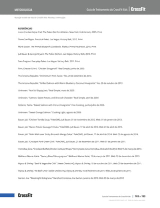 Nutrição e estilo de vida do CrossFit Kids: Receitas, continuação
Guia de Treinamento do CrossFit Kids
Metodologia
Copyright © 2020 CrossFit, LLC. Todos os direitos reservados.
Guia de Treinamento do CrossFit Kids | 103 de 153
REFERÊNCIAS
Loren Cordain & Joe Friel, The Paleo Diet for Athletes. New York: Holtzbrinck, 2005. Print
Diane Sanfilippo. Practical Paleo. Las Vegas: Victory Belt, 2012. Print
Mark Sisson. The Primal Blueprint Cookbook. Malibu: Primal Nutrition, 2010. Print
Juli Bauer & George Bryant. The Paleo Kitchen, Las Vegas: Victory Belt, 2014. Print
Sara Fragoso. Everyday Paleo. Las Vegas: Victory Belt, 2011. Print
Finn, Chester & Arti. “Chicken Stroganoff.” Real Simple, junho de 2005
The Arizona Republic. “Chimichurri Pork Tacos.” Yes, 29 de setembro de 2013.
The Arizona Republic. “Grilled Salmon with Warm Blueberry Coconut Vinaigrette.” Yes, 20 de outubro de 2013
Unknown. “Not-So-Sloppy Joes.” Real Simple, maio de 2005
Unknown. “Salmon, Sweet Potato, and Broccoli Chowder.” Real Simple, abril de 2004
DeSerio, Tasha. “Baked Salmon with Citrus Vinaigrette.” Fine Cooking, junho/julho de 2006
Unknown. “Sweet Orange Salmon.” Cooking Light, agosto de 2006
Bauer, Juli. “Chicken Tortilla Soup.” PaleOMG, Juli Bauer, 01 de novembro de 2012. Web. 01 de janeiro de 2013.
Bauer, Juli. “Bacon Potato Sausage Frittata.” PaleOMG, Juli Bauer, 17 de abril de 2014. Web 23 de abril de 2015.
Bauer, Juli. “Mahi Mahi over Sticky Rice with Mango Salsa.” PaleOMG, Juli Bauer, 17 de abril de 2014. Web 23 de agosto de 2014.
Bauer, Juli. “Crockpot Pork Green Chili.” PaleOMG, Juli Bauer, 21 de dezembro de 2011. Web 01 de janeiro de 2011.
Homolka,Gina.“CrockpotBuffaloChickenLettuceWraps.”Skinnytaste,GinaHomolka,23deabrilde2012.Web15demarçode2014.
Wellness Mama, Katie. “Savory Boeuf Bourguignon.” Wellness Mama, Katie, 13 de março de 2011. Web 12 de dezembro de 2013.
Alyssa & Shirley. “Beef & Vegetable Chili.” Sweet Cheeks HQ, Alyssa & Shirley, 10 de outubro de 2011. Web 20 de dezembro de 2011.
Alyssa & Shirley. “All Beef Chili.” Sweet Cheeks HQ, Alyssa & Shirley, 10 de fevereiro de 2011. Web 20 de janeiro de 2011.
Garten, Ina. “Weeknight Bolognese.” Barefoot Contessa, Ina Garten, Janeiro de 2010. Web 09 de março de 2012
 