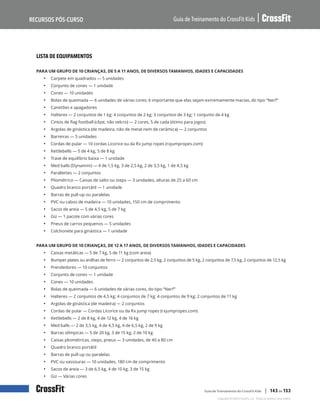 Lista de equipamentos, continuação
Guia de Treinamento do CrossFit Kids
Recursos Pós-Curso
Copyright © 2020 CrossFit, LLC. Todos os direitos reservados.
Guia de Treinamento do CrossFit Kids | 143 de 153
LISTA DE EQUIPAMENTOS
PARA UM GRUPO DE 10 CRIANÇAS, DE 5 A 11 ANOS, DE DIVERSOS TAMANHOS, IDADES E CAPACIDADES
• Carpete em quadrados — 5 unidades
• Conjunto de cones — 1 unidade
• Cones — 10 unidades
• Bolas de queimada — 6 unidades de várias cores; é importante que elas sejam extremamente macias, do tipo “Nerf”
• Canetões e apagadores
• Halteres — 2 conjuntos de 1 kg; 4 conjuntos de 2 kg; 3 conjuntos de 3 kg; 1 conjunto de 4 kg
• Cintos de flag football (clipe, não velcro) — 2 cores, 5 de cada (ótimo para jogos)
• Argolas de ginástica (de madeira, não de metal nem de cerâmica) — 2 conjuntos
• Barreiras — 5 unidades
• Cordas de pular — 10 cordas Licorice ou da Rx jump ropes (rxjumpropes.com)
• Kettlebells — 5 de 4 kg, 5 de 8 kg
• Trave de equilíbrio baixa — 1 unidade
• Med balls (Dynamini) — 4 de 1,5 kg, 3 de 2,5 kg, 2 de 3,5 kg, 1 de 4,5 kg
• Parallettes — 2 conjuntos
• Pliométrico — Caixas de salto ou steps — 3 unidades, alturas de 25 a 60 cm
• Quadro branco portátil — 1 unidade
• Barras de pull-up ou paralelas
• PVC ou cabos de madeira — 10 unidades, 150 cm de comprimento
• Sacos de areia — 5 de 4,5 kg, 5 de 7 kg
• Giz — 1 pacote com várias cores
• Pneus de carros pequenos — 5 unidades
• Colchonete para ginástica — 1 unidade
PARA UM GRUPO DE 10 CRIANÇAS, DE 12 A 17 ANOS, DE DIVERSOS TAMANHOS, IDADES E CAPACIDADES
• Caixas metálicas — 5 de 7 kg, 5 de 11 kg (com areia)
• Bumper plates ou anilhas de ferro — 2 conjuntos de 2,5 kg, 2 conjuntos de 5 kg, 2 conjuntos de 7,5 kg, 2 conjuntos de 12,5 kg
• Prendedores — 10 conjuntos
• Conjunto de cones — 1 unidade
• Cones — 10 unidades
• Bolas de queimada — 6 unidades de várias cores, do tipo “Nerf”
• Halteres — 2 conjuntos de 4,5 kg; 4 conjuntos de 7 kg; 4 conjuntos de 9 kg; 2 conjuntos de 11 kg
• Argolas de ginástica (de madeira) — 2 conjuntos
• Cordas de pular — Cordas Licorice ou da Rx jump ropes (rxjumpropes.com)
• Kettlebells — 2 de 8 kg, 4 de 12 kg, 4 de 16 kg
• Med balls — 2 de 3,5 kg, 4 de 4,5 kg, 4 de 6,5 kg, 2 de 9 kg
• Barras olímpicas — 5 de 20 kg, 3 de 15 kg, 2 de 10 kg
• Caixas pliométricas, steps, pneus — 3 unidades, de 40 a 80 cm
• Quadro branco portátil
• Barras de pull-up ou paralelas
• PVC ou vassouras — 10 unidades, 180 cm de comprimento
• Sacos de areia — 3 de 6,5 kg, 4 de 10 kg, 3 de 15 kg
• Giz — Várias cores
 