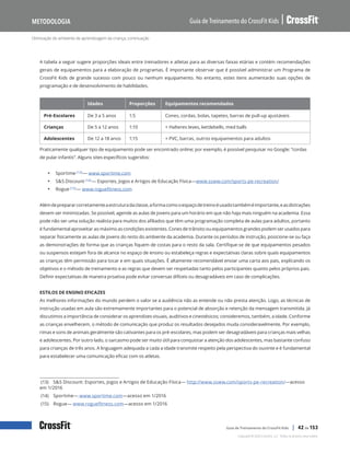Otimização do ambiente de aprendizagem da criança, continuação
Guia de Treinamento do CrossFit Kids
Metodologia
Copyright © 2020 CrossFit, LLC. Todos os direitos reservados.
Guia de Treinamento do CrossFit Kids | 42 de 153
A tabela a seguir sugere proporções ideais entre treinadores e atletas para as diversas faixas etárias e contém recomendações
gerais de equipamentos para a elaboração de programas. É importante observar que é possível administrar um Programa de
CrossFit Kids de grande sucesso com pouco ou nenhum equipamento. No entanto, estes itens aumentarão suas opções de
programação e de desenvolvimento de habilidades.
Idades Proporções Equipamentos recomendados
Pré-Escolares De 3 a 5 anos 1:5 Cones, cordas, bolas, tapetes, barras de pull-up ajustáveis
Crianças De 5 a 12 anos 1:10 + Halteres leves, kettlebells, med balls
Adolescentes De 12 a 18 anos 1:15 + PVC, barras, outros equipamentos para adultos
Praticamente qualquer tipo de equipamento pode ser encontrado online; por exemplo, é possível pesquisar no Google: “cordas
de pular infantis”. Alguns sites específicos sugeridos:
• Sportime (13)— www.sportime.com
• S&S Discount (14)— Esportes, Jogos e Artigos de Educação Física—www.ssww.com/sports-pe-recreation/
• Rogue (15)— www.roguefitness.com
Alémdeprepararcorretamenteaestruturadaclasse,aformacomooespaçodetreinoéusadotambéméimportante,easdistrações
devem ser minimizadas. Se possível, agende as aulas de jovens para um horário em que não haja mais ninguém na academia. Essa
pode não ser uma solução realista para muitos dos afiliados que têm uma programação completa de aulas para adultos, portanto
é fundamental aproveitar ao máximo as condições existentes. Cones de trânsito ou equipamentos grandes podem ser usados para
separar fisicamente as aulas de jovens do resto do ambiente da academia. Durante os períodos de instrução, posicione-se ou faça
as demonstrações de forma que as crianças fiquem de costas para o resto da sala. Certifique-se de que equipamentos pesados
ou suspensos estejam fora de alcance no espaço de ensino ou estabeleça regras e expectativas claras sobre quais equipamentos
as crianças têm permissão para tocar e em quais situações. É altamente recomendável enviar uma carta aos pais, explicando os
objetivos e o método de treinamento e as regras que devem ser respeitadas tanto pelos participantes quanto pelos próprios pais.
Definir expectativas de maneira proativa pode evitar conversas difíceis ou desagradáveis em caso de complicações.
ESTILOS DE ENSINO EFICAZES
As melhores informações do mundo perdem o valor se a audiência não as entende ou não presta atenção. Logo, as técnicas de
instrução usadas em aula são extremamente importantes para o potencial de absorção e retenção da mensagem transmitida. Já
discutimos a importância de considerar os aprendizes visuais, auditivos e cinestésicos; consideremos, também, a idade. Conforme
as crianças envelhecem, o método de comunicação que produz os resultados desejados muda consideravelmente. Por exemplo,
rimas e sons de animais geralmente são cativantes para os pré-escolares, mas podem ser desagradáveis para crianças mais velhas
e adolescentes. Por outro lado, o sarcasmo pode ser muito útil para conquistar a atenção dos adolescentes, mas bastante confuso
para crianças de três anos. A linguagem adequada a cada a idade transmite respeito pela perspectiva do ouvinte e é fundamental
para estabelecer uma comunicação eficaz com os atletas.
(13) S&S Discount: Esportes, Jogos e Artigos de Educação Física— http://www.ssww.com/sports-pe-recreation/—acesso
em 1/2016
(14) Sportime— www.sportime.com—acesso em 1/2016
(15) Rogue— www.roguefitness.com—acesso em 1/2016
 
