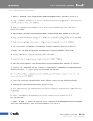 Nutrição e estilo de vida do CrossFit Kids, continuação
Guia de Treinamento do CrossFit Kids
Metodologia
Copyright © 2020 CrossFit, LLC. Todos os direitos reservados.
Guia de Treinamento do CrossFit Kids | 53 de 153
10. Wells, J. C. K. & Siervo, M. Obesity and energy balance: is the tail wagging the dog? Eur J Clin Nutr 65, 1173–1189 (2011).
11. Lustig, R. H. Childhood obesity: behavioral aberration or biochemical drive? Reinterpreting the First Law of Thermodynamics.
Nat Clin Pract Endocrinol Metab 2, 447–458 (2006a).
12. Lustig, R. H. The ‘skinny“ on childhood obesity: how our western environment starves kids” brains. Pediatr Ann 35,
898–902– 905–7 (2006b)
13. Mietus-Snyder, M. L. & Lustig, R. H. Childhood obesity: adrift in the “limbic triangle”. Annu. Rev. Med. 59, 147–162 (2008).
14. Lustig, R. H. Which comes first? The obesity or the insulin? The behavior or the biochemistry? J. Pediatr. 152, 601–602 (2008).
15. Wu, G. D. et al. Linking long-term dietary patterns with gut microbial enterotypes. Science 334, 105–108 (2011).
16. Cho, I. et al. Antibiotics in early life alter the murine colonic microbiome and adiposity. Nature 488, 621–626 (2012).
17. David, L. A. et al. Diet rapidly and reproducibly alters the human gut microbiome. Nature 505, 559–563 (2014).
18. Deweerdt, S. Microbiome: A complicated relationship status. Nature (2014).
19. Goodrich, J. K. et al. Human genetics shape the gut microbiome. Cell 159, 789–799 (2014).
20. Suez, J. et al. Artificial sweeteners induce glucose intolerance by altering the gut microbiota. Nature 514, 181–186 (2014).
21. Alhassan, S., Kim, S., Bersamin, A., King, A. C. & Gardner, C. D. Dietary adherence and weight loss success among overweight
women: results from the A TO Z weight loss study. Int J Obes (Lond) 32, 985–991 (2008).
22. Feinman, R. D. et al. Dietary carbohydrate restriction as the first approach in diabetes management: critical review and
evidence base. Nutrition 31, 1–13 (2015).
23. Cooke, L. The importance of exposure for healthy eating in childhood: a review. J Hum Nutr Diet 20, 294–301 (2007).
24. Underwood, E. The taste of things to come. Science 345, 750–751 (2014).
25. Harris, G. Development of taste and food preferences in children. Current Opinion in Clinical Nutrition and Metabolic Care 11,
315–319 (2008).
26. Noakes, T. Waterlogged: the serious problem of overhydration in endurance sports. Human Kinetics (2012).
ISBN: 978-1-4504-2497-4
27. Braulick, K. W., Miller, K. C., Albrecht, J. M., Tucker, J. M. & Deal, J. E. Significant and serious dehydration does not affect skeletal
muscle cramp threshold frequency. British journal of sports medicine 47, 710–714 (2013).
 