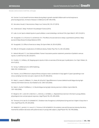 Nutrição e estilo de vida do CrossFit Kids, continuação
Guia de Treinamento do CrossFit Kids
Metodologia
Copyright © 2020 CrossFit, LLC. Todos os direitos reservados.
Guia de Treinamento do CrossFit Kids | 55 de 153
44. Cacciari, E. et al. Growth hormone release during sleep in growth-retarded children with normal response to
pharmacological tests. Archives of disease in childhood 53, 487–490 (1978).
45. Herculano-Houzel, S. Neuroscience. Sleep it out. Science 342, 316–317 (2013).
46. Underwood, E. Sleep: The Brain’s Housekeeper? Science (2013).
47. Luke, A. et al. Sports-related injuries in youth athletes: is overscheduling a risk factor? Clin J Sport Med 21, 307–314 (2011).
48. Youngstedt, S. D., O’Connor, P. J. & Dishman, R. K. The effects of acute exercise on sleep: a quantitative synthesis. Sleep:
Journal of Sleep Research & Sleep Medicine (1997).
49. Youngstedt, S. D. Effects of exercise on sleep. Clin Sports Med. 24, 355-65 (2005).
50. Wills, M. Orthopedic complications of childhood obesity. Pediatr Phys Ther 16, 230–235 (2004).
51. Valovich McLeod, T. C. et al. National Athletic Trainers’ Association position statement: prevention of pediatric overuse
injuries. in J Athl Train 46, 206–220 (2011).
52. Franklin, C. C. & Weiss, J. M. Stopping sports injuries in kids: an overview of the last year in publications. Curr. Opin. Pediatr. 24,
64–67 (2012).
53. Farrey, T. (2008) Game On. ESPN Publishing.
ISBN: 978-1-933060-46-0
54. Fransen, J. et al. Differences in physical fitness and gross motor coordination in boys aged 6-12 years specializing in one
versus sampling more than one sport. J Sports Sci 30, 379–386 (2012).
55. Ratel, S., Lazaar, N., Williams, C. A., Bedu, M. & Duché, P. Age differences in human skeletal muscle fatigue during high-
intensity intermittent exercise. Acta Paediatrica 92, 1248–1254 (2003).
56. Ratel, S., Duché, P. & Williams, C. A. Muscle fatigue during high-intensity exercise in children. Sports Med 36,
1031–1065 (2006).
57. Bergeron, M. F., Laird, M. D., Marinik, E. L., Brenner, J. S. & Waller, J. L. Repeated-bout exercise in the heat in young athletes:
physiological strain and perceptual responses. J Appl Physiol 106, 476–485 (2009).
58. Timmons, B. W., Bar-Or, O. & Riddell, M. C. Oxidation rate of exogenous carbohydrate during exercise is higher in boys than in
men. J Appl Physiol 94, 278–284 (2003).
59. Riddell, M. C., Jamnik, V. K., Iscoe, K. E., Timmons, B. W. & Gledhill, N. Fat oxidation rate and the exercise intensity that elicits
maximal fat oxidation decreases with pubertal status in young male subjects. J Appl Physiol 105, 742–748 (2008a).
 