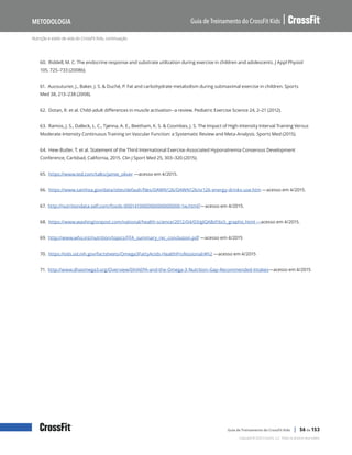 Nutrição e estilo de vida do CrossFit Kids, continuação
Guia de Treinamento do CrossFit Kids
Metodologia
Copyright © 2020 CrossFit, LLC. Todos os direitos reservados.
Guia de Treinamento do CrossFit Kids | 56 de 153
60. Riddell, M. C. The endocrine response and substrate utilization during exercise in children and adolescents. J Appl Physiol
105, 725–733 (2008b).
61. Aucouturier, J., Baker, J. S. & Duché, P. Fat and carbohydrate metabolism during submaximal exercise in children. Sports
Med 38, 213–238 (2008).
62. Dotan, R. et al. Child-adult differences in muscle activation--a review. Pediatric Exercise Science 24, 2–21 (2012).
63. Ramos, J. S., Dalleck, L. C., Tjønna, A. E., Beetham, K. S. & Coombes, J. S. The Impact of High-Intensity Interval Training Versus
Moderate-Intensity Continuous Training on Vascular Function: a Systematic Review and Meta-Analysis. Sports Med (2015).
64. Hew-Butler, T. et al. Statement of the Third International Exercise-Associated Hyponatremia Consensus Development
Conference, Carlsbad, California, 2015. Clin J Sport Med 25, 303–320 (2015).
65. https://www.ted.com/talks/jamie_oliver —acesso em 4/2015.
66. https://www.samhsa.gov/data/sites/default/files/DAWN126/DAWN126/sr126-energy-drinks-use.htm —acesso em 4/2015.
67. http://nutritiondata.self.com/foods-000141000000000000000-1w.html?—acesso em 4/2015.
68. https://www.washingtonpost.com/national/health-science/2012/04/03/gIQABd16sS_graphic.html —acesso em 4/2015.
69. http://www.who.int/nutrition/topics/FFA_summary_rec_conclusion.pdf —acesso em 4/2015
70. https://ods.od.nih.gov/factsheets/Omega3FattyAcids-HealthProfessional/#h2 —acesso em 4/2015
71. http://www.dhaomega3.org/Overview/DHAEPA-and-the-Omega-3-Nutrition-Gap-Recommended-Intakes—acesso em 4/2015
 