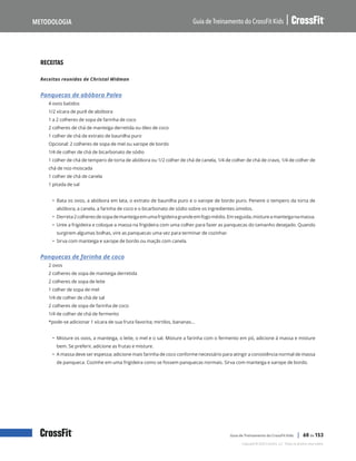 Nutrição e estilo de vida do CrossFit Kids: Receitas, continuação
Guia de Treinamento do CrossFit Kids
Metodologia
Copyright © 2020 CrossFit, LLC. Todos os direitos reservados.
Guia de Treinamento do CrossFit Kids | 60 de 153
RECEITAS
Receitas reunidas de Christal Widman
Panquecas de abóbora Paleo
4 ovos batidos
1/2 xícara de purê de abóbora
1 a 2 colheres de sopa de farinha de coco
2 colheres de chá de manteiga derretida ou óleo de coco
1 colher de chá de extrato de baunilha puro
Opcional: 2 colheres de sopa de mel ou xarope de bordo
1/4 de colher de chá de bicarbonato de sódio
1 colher de chá de tempero de torta de abóbora ou 1/2 colher de chá de canela, 1/4 de colher de chá de cravo, 1/4 de colher de
chá de noz-moscada
1 colher de chá de canela
1 pitada de sal
• Bata os ovos, a abóbora em lata, o extrato de baunilha puro e o xarope de bordo puro. Peneire o tempero da torta de
abóbora, a canela, a farinha de coco e o bicarbonato de sódio sobre os ingredientes úmidos.
• Derreta2colheresdesopademanteigaemumafrigideiragrandeemfogomédio.Emseguida,mistureamanteiganamassa.
• Unte a frigideira e coloque a massa na frigideira com uma colher para fazer as panquecas do tamanho desejado. Quando
surgirem algumas bolhas, vire as panquecas uma vez para terminar de cozinhar.
• Sirva com manteiga e xarope de bordo ou maçãs com canela.
Panquecas de farinha de coco
2 ovos
2 colheres de sopa de manteiga derretida
2 colheres de sopa de leite
1 colher de sopa de mel
1/4 de colher de chá de sal
2 colheres de sopa de farinha de coco
1/4 de colher de chá de fermento
*pode-se adicionar 1 xícara de sua fruta favorita; mirtilos, bananas…
• Misture os ovos, a manteiga, o leite, o mel e o sal. Misture a farinha com o fermento em pó, adicione à massa e misture
bem. Se preferir, adicione as frutas e misture.
• A massa deve ser espessa; adicione mais farinha de coco conforme necessário para atingir a consistência normal de massa
de panqueca. Cozinhe em uma frigideira como se fossem panquecas normais. Sirva com manteiga e xarope de bordo.
 