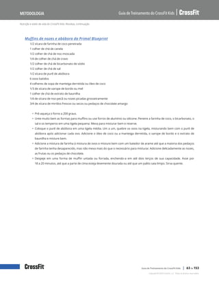 Nutrição e estilo de vida do CrossFit Kids: Receitas, continuação
Guia de Treinamento do CrossFit Kids
Metodologia
Copyright © 2020 CrossFit, LLC. Todos os direitos reservados.
Guia de Treinamento do CrossFit Kids | 63 de 153
Muffins de nozes e abóbora da Primal Blueprint
1/2 xícara de farinha de coco peneirada
1 colher de chá de canela
1/2 colher de chá de noz-moscada
1/4 de colher de chá de cravo
1/2 colher de chá de bicarbonato de sódio
1/2 colher de chá de sal
1/2 xícara de purê de abóbora
6 ovos batidos
4 colheres de sopa de manteiga derretida ou óleo de coco
1/3 de xícara de xarope de bordo ou mel
1 colher de chá de extrato de baunilha
1/4 de xícara de noz-pecã ou nozes picadas grosseiramente
3/4 de xícara de mirtilos frescos ou secos ou pedaços de chocolate amargo
• Pré-aqueça o forno a 200 graus.
• Unte muito bem as formas para muffins ou use forros de alumínio ou silicone. Peneire a farinha de coco, o bicarbonato, o
sal e os temperos em uma tigela pequena. Mexa para misturar bem e reserve.
• Coloque o purê de abóbora em uma tigela média. Um a um, quebre os ovos na tigela, misturando bem com o purê de
abóbora após adicionar cada ovo. Adicione o óleo de coco ou a manteiga derretida, o xarope de bordo e o extrato de
baunilha e misture bem.
• Adicione a mistura de farinha à mistura de ovos e misture bem com um batedor de arame até que a maioria dos pedaços
de farinha tenha desaparecido, mas não mexa mais do que o necessário para misturar. Adicione delicadamente as nozes,
as frutas ou os pedaços de chocolate.
• Despeje em uma forma de muffin untada ou forrada, enchendo-a em até dois terços de sua capacidade. Asse por
18 a 20 minutos, até que a parte de cima esteja levemente dourada ou até que um palito saia limpo. Sirva quente.
 