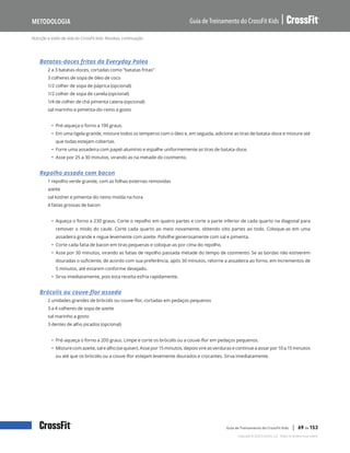 Nutrição e estilo de vida do CrossFit Kids: Receitas, continuação
Guia de Treinamento do CrossFit Kids
Metodologia
Copyright © 2020 CrossFit, LLC. Todos os direitos reservados.
Guia de Treinamento do CrossFit Kids | 69 de 153
Batatas-doces fritas da Everyday Paleo
2 a 3 batatas-doces, cortadas como “batatas fritas”
3 colheres de sopa de óleo de coco
1/2 colher de sopa de páprica (opcional)
1/2 colher de sopa de canela (opcional)
1/4 de colher de chá pimenta caiena (opcional)
sal marinho e pimenta-do-reino a gosto
• Pré-aqueça o forno a 190 graus.
• Em uma tigela grande, misture todos os temperos com o óleo e, em seguida, adicione as tiras de batata-doce e misture até
que todas estejam cobertas.
• Forre uma assadeira com papel-alumínio e espalhe uniformemente as tiras de batata-doce.
• Asse por 25 a 30 minutos, virando as na metade do cozimento.
Repolho assado com bacon
1 repolho verde grande, com as folhas externas removidas
azeite
sal kosher e pimenta-do-reino moída na hora
4 fatias grossas de bacon
• Aqueça o forno a 230 graus. Corte o repolho em quatro partes e corte a parte inferior de cada quarto na diagonal para
remover o miolo do caule. Corte cada quarto ao meio novamente, obtendo oito partes ao todo. Coloque-as em uma
assadeira grande e regue levemente com azeite. Polvilhe generosamente com sal e pimenta.
• Corte cada fatia de bacon em tiras pequenas e coloque-as por cima do repolho.
• Asse por 30 minutos, virando as fatias de repolho passada metade do tempo de cozimento. Se as bordas não estiverem
douradas o suficiente, de acordo com sua preferência, após 30 minutos, retorne a assadeira ao forno, em incrementos de
5 minutos, até estarem conforme desejado.
• Sirva imediatamente, pois esta receita esfria rapidamente.
Brócolis ou couve-flor assada
2 unidades grandes de brócolis ou couve-flor, cortadas em pedaços pequenos
3 a 4 colheres de sopa de azeite
sal marinho a gosto
3 dentes de alho picados (opcional)
• Pré-aqueça o forno a 200 graus. Limpe e corte os brócolis ou a couve-flor em pedaços pequenos.
• Misture com azeite, sal e alho (se quiser). Asse por 15 minutos, depois vire as verduras e continue a assar por 10 a 15 minutos
ou até que os brócolis ou a couve-flor estejam levemente dourados e crocantes. Sirva imediatamente.
 