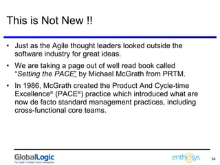 This is Not New !! Just as the Agile thought leaders looked outside the software industry for great ideas. We are taking a page out of well read book called “ Setting the PACE ”  by Michael McGrath from PRTM. In 1986, McGrath created the Product And Cycle-time Excellence ®  (PACE ® ) practice which introduced what are now de facto standard management practices, including cross-functional core teams. 