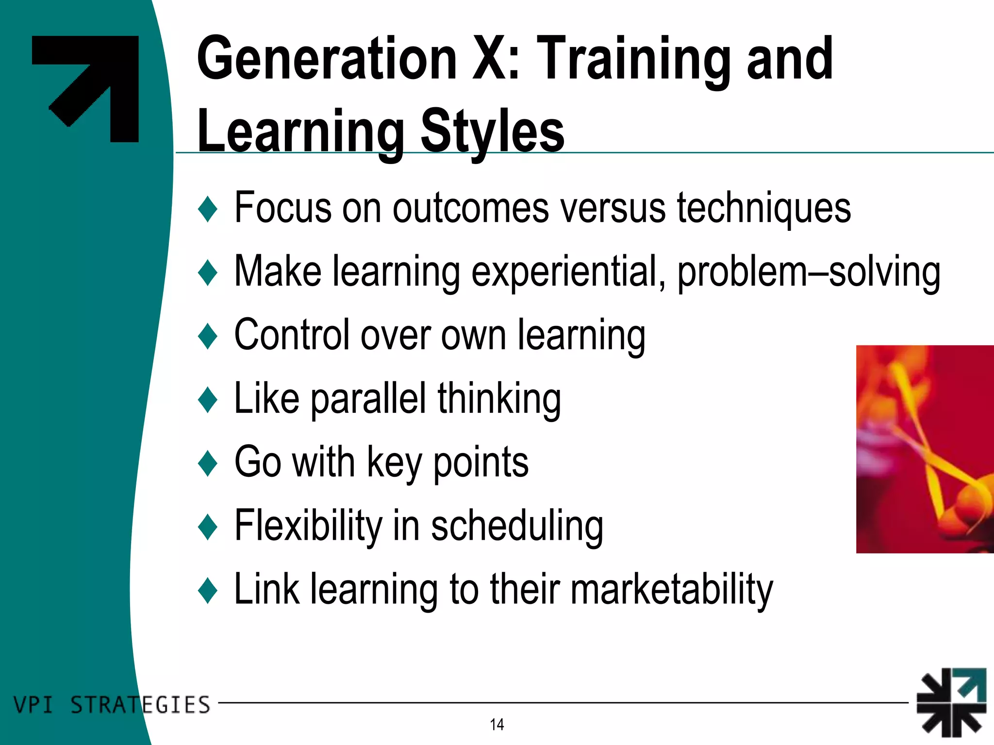 Generation X: Training and
Learning Styles
♦   Focus on outcomes versus techniques
♦   Make learning experiential, problem–solving
♦   Control over own learning
♦   Like parallel thinking
♦   Go with key points
♦   Flexibility in scheduling
♦   Link learning to their marketability

                   14
 