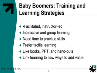 Baby Boomers: Training and
Learning Strategies

♦   •Facilitated, instructor-led
♦   Interactive and group learning
♦   Need time to practice skills
♦   Prefer tactile learning
♦   Like books, PPT, and hand-outs
♦   Link learning to new ways to add value

                   12
 