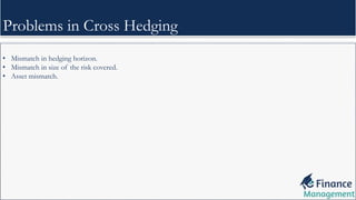 • Mismatch in hedging horizon.
• Mismatch in size of the risk covered.
• Asset mismatch.
Problems in Cross Hedging
 