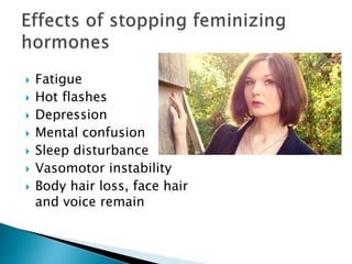  Fatigue
 Hot flashes
 Depression
 Mental confusion
 Sleep disturbance
 Vasomotor instability
 Body hair loss, face hair
and voice remain
 