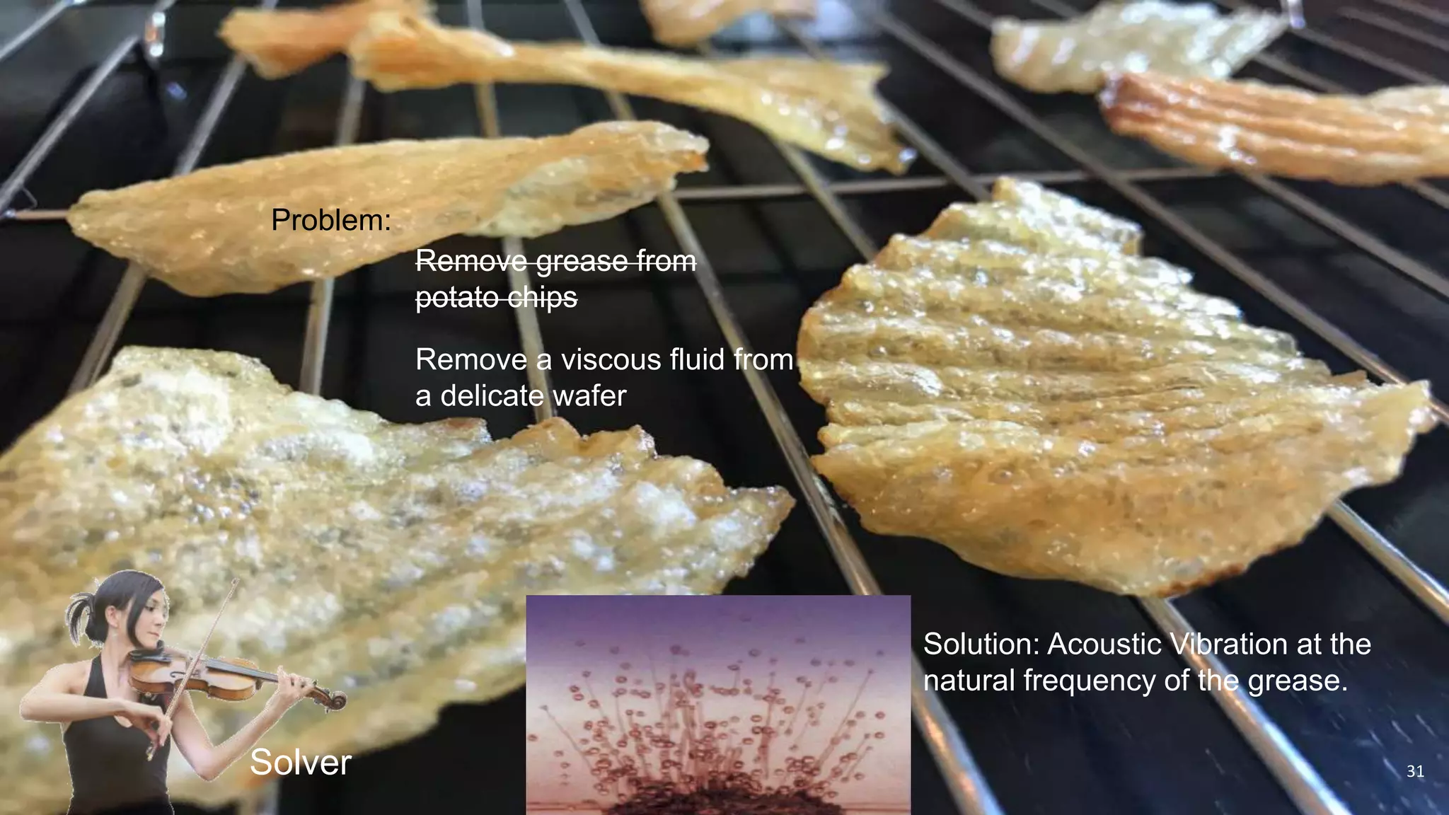 Generalize the Problem & Leverage Diverse Solvers
Remove a viscous fluid from
a delicate wafer
Remove grease from
potato chips
31Solver
Solution: Acoustic Vibration at the
natural frequency of the grease.
Problem:
Remove grease from
potato chips
 