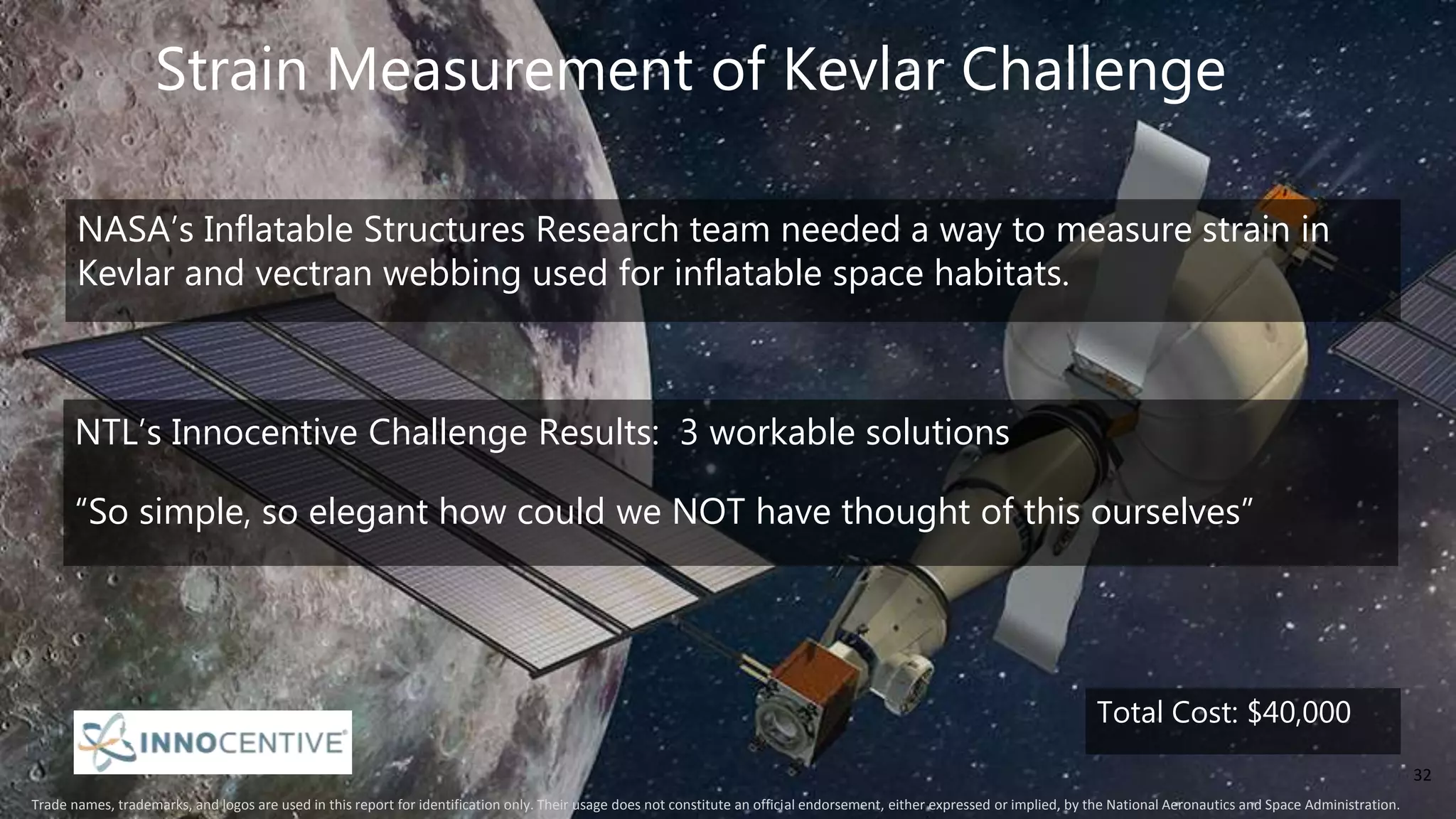 Strain Measurement of Kevlar Challenge
32
Total Cost: $40,000
NTL’s Innocentive Challenge Results: 3 workable solutions
“So simple, so elegant how could we NOT have thought of this ourselves”
NASA’s Inflatable Structures Research team needed a way to measure strain in
Kevlar and vectran webbing used for inflatable space habitats.
Trade names, trademarks, and logos are used in this report for identification only. Their usage does not constitute an official endorsement, either expressed or implied, by the National Aeronautics and Space Administration.
 