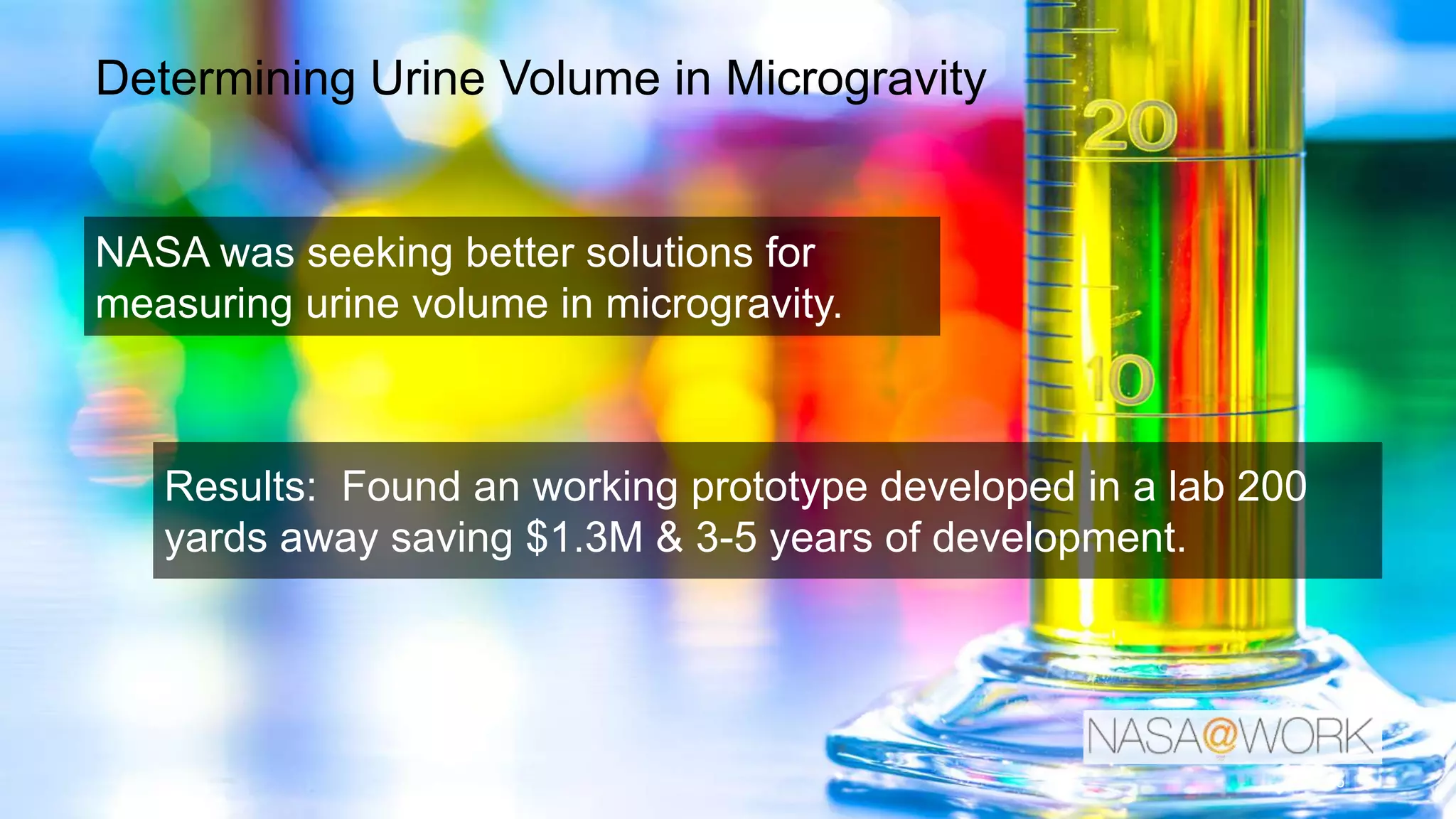 Determining Urine Volume in Microgravity
36
Results: Found an working prototype developed in a lab 200
yards away saving $1.3M & 3-5 years of development.
NASA was seeking better solutions for
measuring urine volume in microgravity.
 
