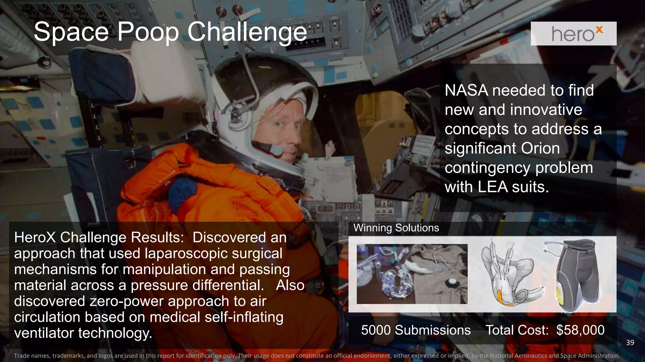 Results -
Space Poop Challenge
Results
HeroX Challenge Results: Discovered an
approach that used laparoscopic surgical
mechanisms for manipulation and passing
material across a pressure differential. Also
discovered zero-power approach to air
circulation based on medical self-inflating
ventilator technology. 5000 Submissions Total Cost: $58,000
39
Trade names, trademarks, and logos are used in this report for identification only. Their usage does not constitute an official endorsement, either expressed or implied, by the National Aeronautics and Space Administration.
Winning Solutions
NASA needed to find
new and innovative
concepts to address a
significant Orion
contingency problem
with LEA suits.
 