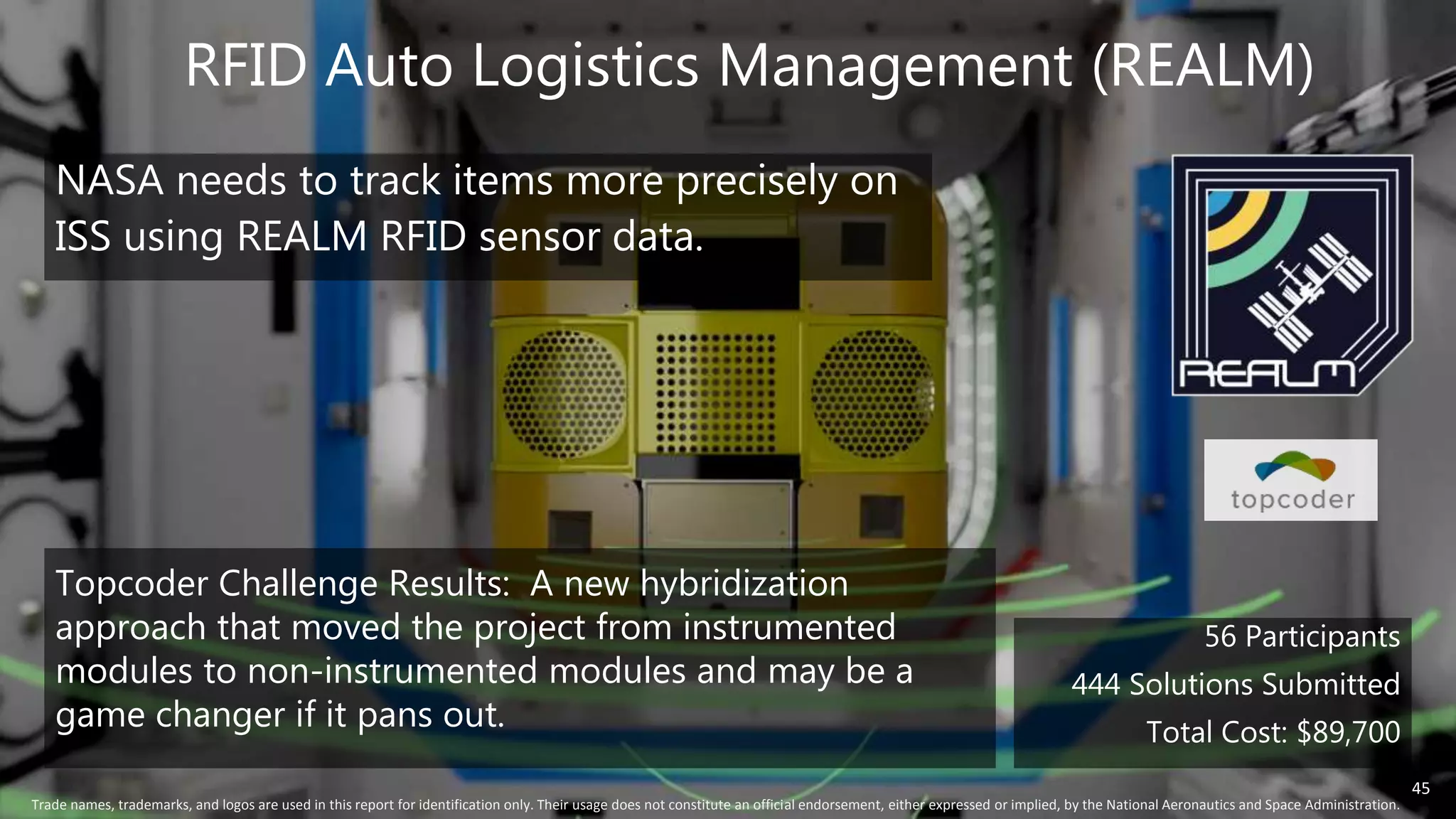 RFID Auto Logistics Management (REALM)
45
Trade names, trademarks, and logos are used in this report for identification only. Their usage does not constitute an official endorsement, either expressed or implied, by the National Aeronautics and Space Administration.
Topcoder Challenge Results: A new hybridization
approach that moved the project from instrumented
modules to non-instrumented modules and may be a
game changer if it pans out.
56 Participants
444 Solutions Submitted
Total Cost: $89,700
NASA needs to track items more precisely on
ISS using REALM RFID sensor data.
 