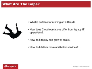 RACKSPACE | www.rackspace.com
What Are The Gaps?
• What is suitable for running on a Cloud?
• How does Cloud operations differ from legacy IT
operations?
• How do I move from my current state to a Cloudy
world?
• Who are the market leaders in Private Cloud?
• Who are the reference-able accounts in my industry?
 