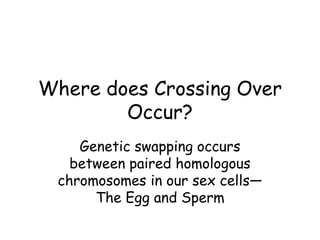 Where does Crossing Over
Occur?
Genetic swapping occurs
between paired homologous
chromosomes in our sex cells—
The Egg and Sperm
 