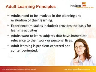 Adult Learning Principles

        • Adults need to be involved in the planning and
          evaluation of their learning.
        • Experience (mistakes included) provides the basis for
          learning activities.
        • Adults want to learn subjects that have immediate
          relevance to their work or personal lives.
        • Adult learning is problem-centered not
          content-oriented.



© 2012 NetSpeed Learning Solutions. All rights reserved.          10
 