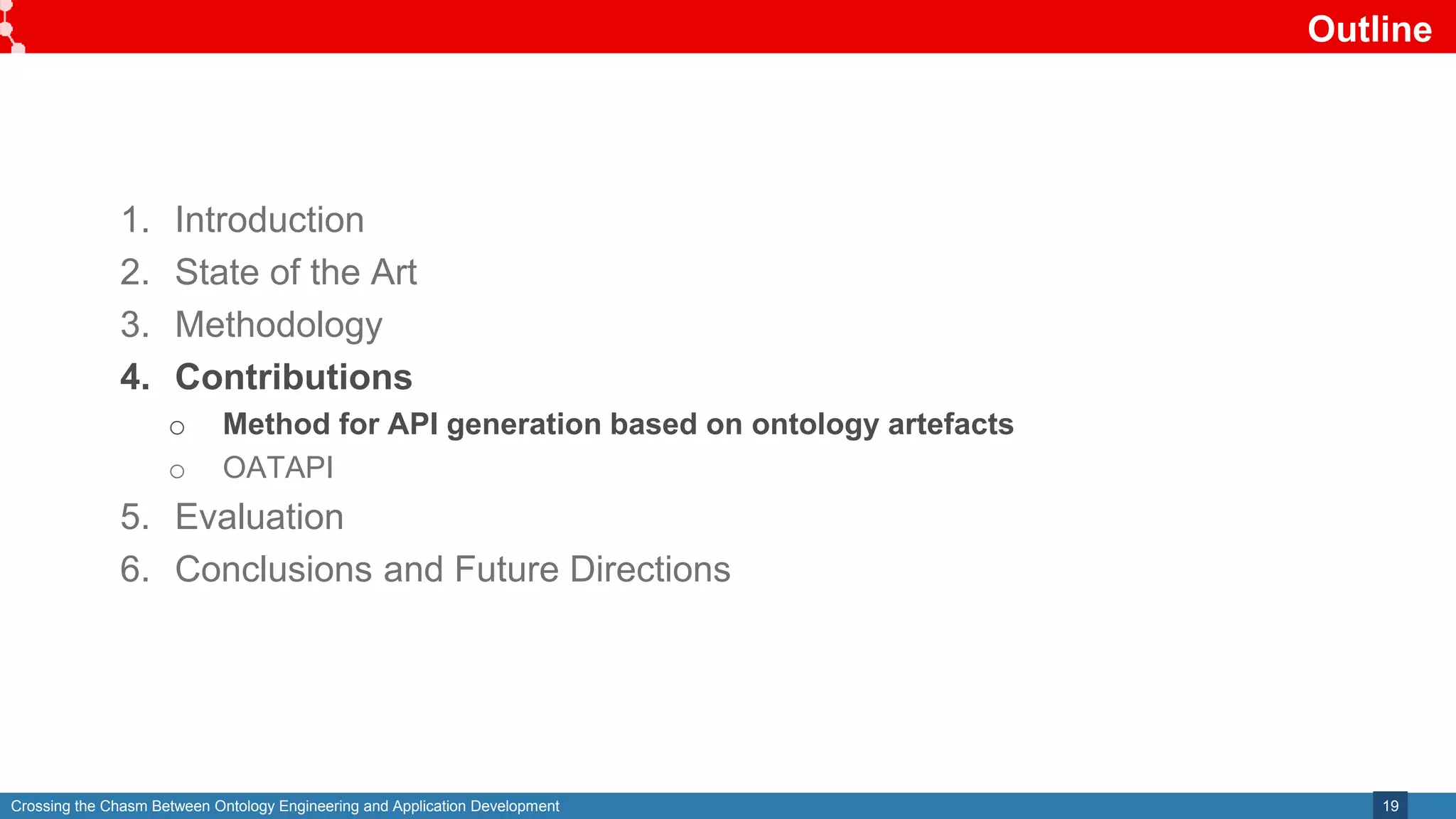 Crossing the Chasm Between Ontology Engineering and Application Development
Outline
19
1. Introduction
2. State of the Art
3. Methodology
4. Contributions
o Method for API generation based on ontology artefacts
o OATAPI
5. Evaluation
6. Conclusions and Future Directions
 